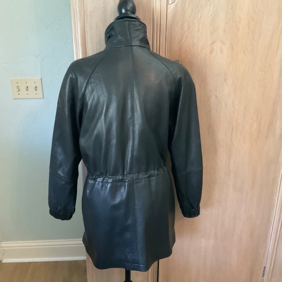 90's VTG Hailey soft LeatherJacket Black Long Drawstring Zip Coat Oversize XS - Picture 3 of 16
